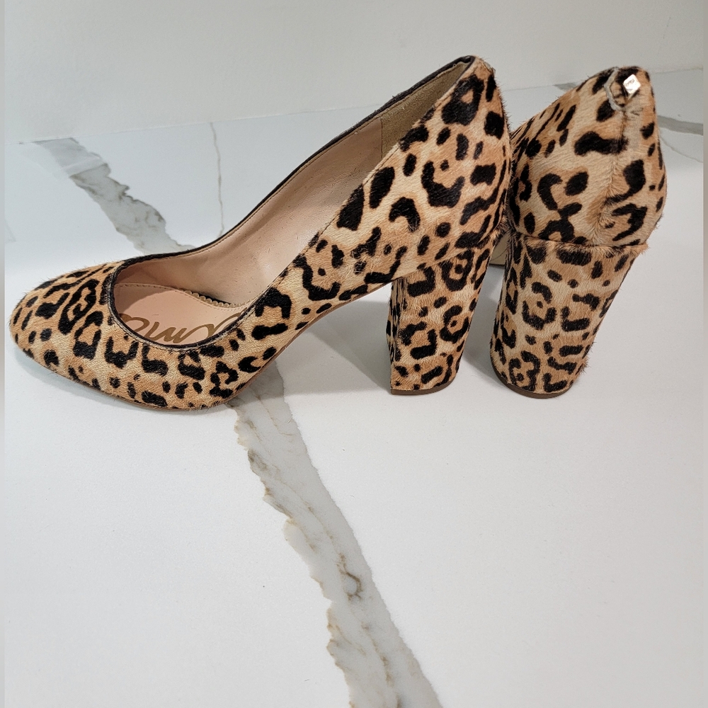 Sam Edelman Stillson Leopard Calf Hair Block Heel Pumps Size 8.5 - Picture 3 of 6